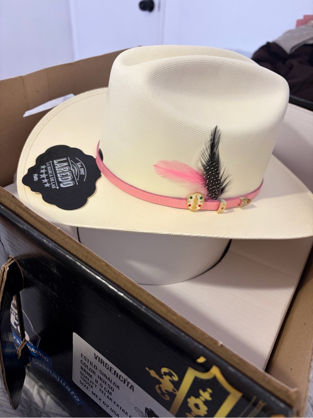 Laredo Cream Fedora with Pink Band and Feather